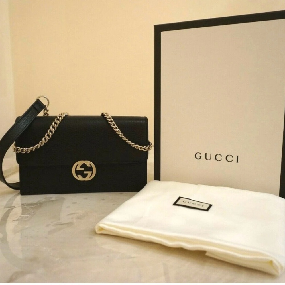 Gucci Interlocking Chain Wallet Black Leather Cross Body Bag - Picture 10 of 16